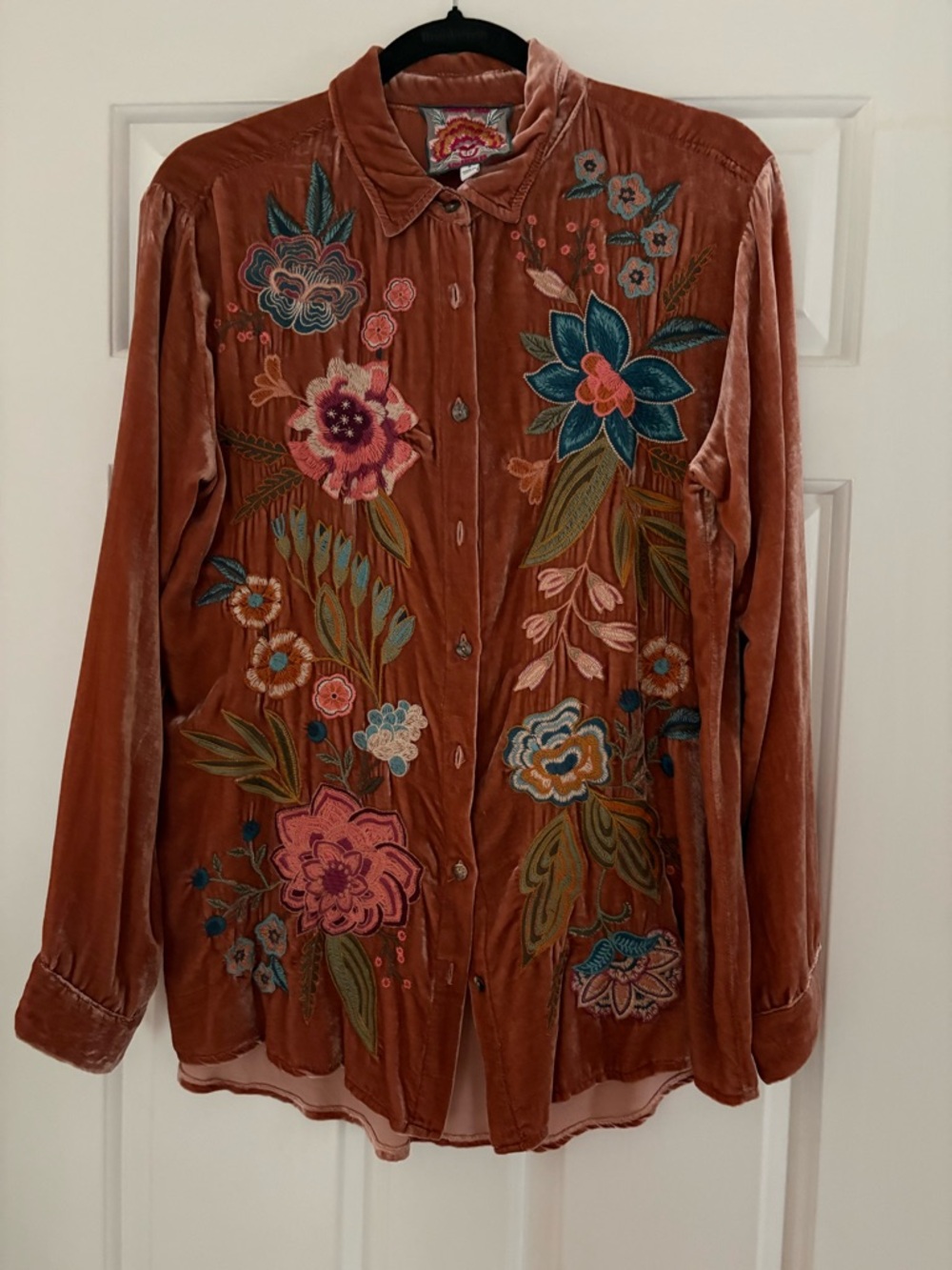Johnny Was Embroidered Velvet Button-Up Shirt in burnt sienna Sz S